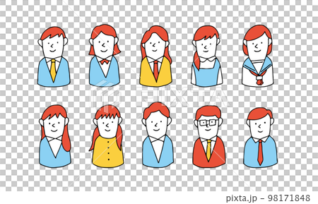 いろんな学校の制服を着た学生　手描きのイラストアイコンセット 98171848