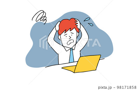 パソコンの前で頭を抱えるパニックの男性 パソコンの前で頭を抱えるパニックの男性 98171858