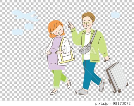 里帰り出産する妊婦さんと荷物を持つ夫 98173072