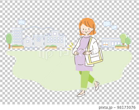 A smiling pregnant woman walking in the city 98173076