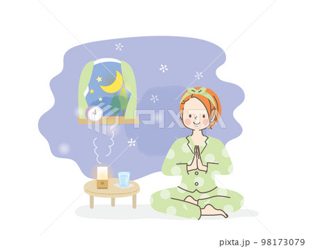 寝る前にヨガをする女性のイラスト素材 98173079