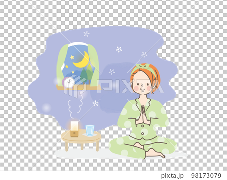寝る前にヨガをする女性のイラスト素材 98173079