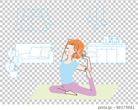 自宅でヨガをする女性のイラスト素材 98173081