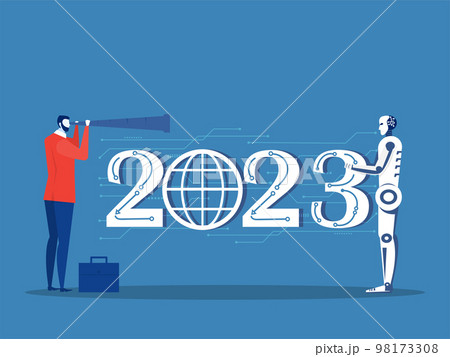 Businessman Business vision with binoculars for opportunities in spyglass 2023 New year Science and artificial intelligence technology,innovation and futuristic, AI, Machine vector illustrator 98173308