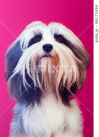 Funny adorable portrait headshot of cute doggy. Tibetan Terrier Dog breed puppy, standing facing front. Looking to camera. Watercolor imitation illustration. AI generated vertical artistic poster. 98173484