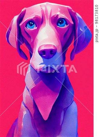Funny adorable portrait headshot of cute doggy. Vizsla dog breed puppy, standing facing front. Looking to camera. Watercolor imitation illustration. AI generated vertical artistic poster. 98173810