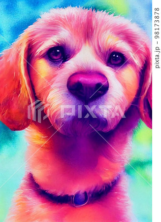 Funny adorable portrait headshot of cute doggy. Brittan dog breed puppy, standing facing front. Looking to camera. Watercolor imitation illustration. AI generated vertical artistic poster. 98173878