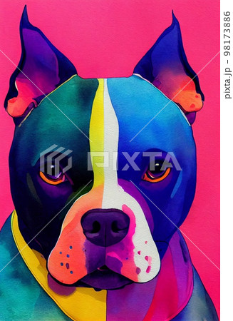 Funny adorable portrait headshot of cute doggy. Staffordshire Bull Terrier dog breed puppy, standing facing front. Looking to camera. Watercolor imitation illustration. Vertical artistic poster Funny adorable portrait headshot of cute doggy. Staffordshire Bull Terrier dog breed puppy, standing facing front. Looking to camera. Watercolor imitation illustration. Vertical artistic poster 98173886