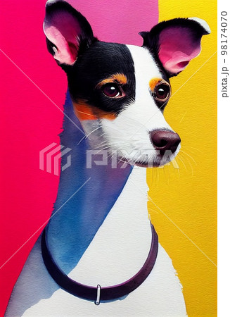 Funny adorable portrait headshot of cute doggy. Rat Terrier dog breed puppy, standing facing front. Looking to camera. Watercolor imitation illustration. AI generated vertical artistic poster. 98174070