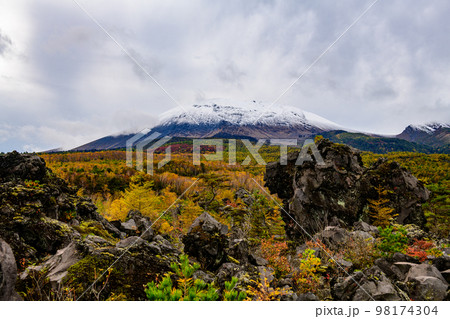 鬼押出し園の紅葉と浅間山の初冠雪(群馬県) 鬼押出し園の紅葉と浅間山の初冠雪(群馬県) 98174304