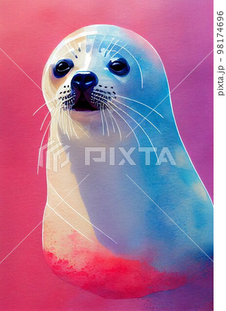 Funny adorable portrait headshot of cute harbor seal. North American water animal standing facing front. Looking to camera. Watercolor imitation illustration. AI generated vertical artistic poster. 98174696