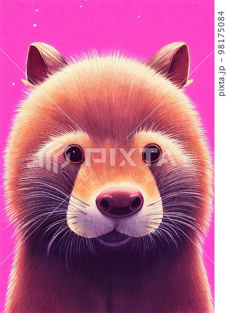 Funny adorable portrait headshot of cute beaver. North American land animal standing facing front. Looking to camera. Watercolor imitation illustration. AI generated vertical artistic poster. 98175084
