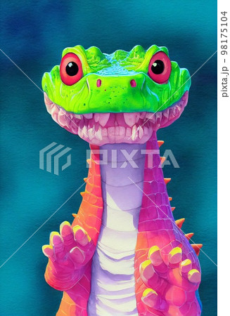 Funny adorable portrait headshot of cute alligator. North American water animal standing facing front. Looking to camera. Watercolor imitation illustration. AI generated vertical artistic poster. Funny adorable portrait headshot of cute alligator. North American water animal standing facing front. Looking to camera. Watercolor imitation illustration. AI generated vertical artistic poster. 98175104