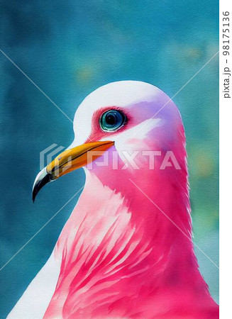 Funny adorable portrait headshot of cute seagull bird. European flying animal standing facing front. Looking to camera. Watercolor imitation illustration. AI generated vertical artistic poster. 98175136