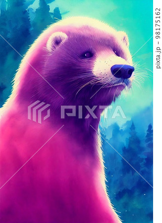 Funny adorable portrait headshot of cute mink. European land animal standing facing front. Looking to camera. Watercolor imitation illustration. AI generated vertical artistic poster. 98175162