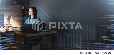 Office woman, digital overlay and night with computer, it vision or cyber security mockup. Cyber programmer, happy worker or big data expert in web coding workspace for information technology in dark Office woman, digital overlay and night with computer, it vision or cyber security mockup. Cyber programmer, happy worker or big data expert in web coding workspace for information technology in dark 98175936