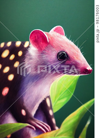 Funny adorable portrait headshot of cute tiger quoll. Australian land animal standing facing front. Looking to camera. Watercolor imitation illustration. AI generated vertical artistic poster. Funny adorable portrait headshot of cute tiger quoll. Australian land animal standing facing front. Looking to camera. Watercolor imitation illustration. AI generated vertical artistic poster. 98176003