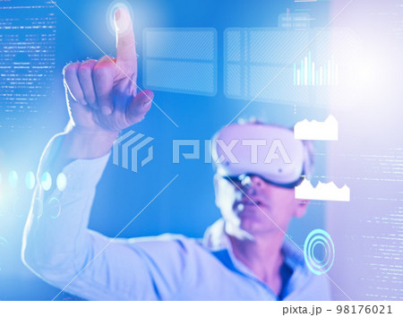 Businessman, metaverse or virtual reality in data analysis, digital transformation ai or neon future company chart. Finance worker, hand and futuristic touch in vr headset or 3d investment management Businessman, metaverse or virtual reality in data analysis, digital transformation ai or neon future company chart. Finance worker, hand and futuristic touch in vr headset or 3d investment management 98176021