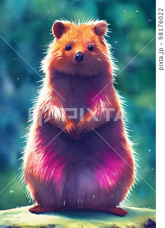 Funny adorable portrait headshot of cute quokka. Australian land animal standing facing front. Looking to camera. Watercolor imitation illustration. AI generated vertical artistic poster. Funny adorable portrait headshot of cute quokka. Australian land animal standing facing front. Looking to camera. Watercolor imitation illustration. AI generated vertical artistic poster. 98176022