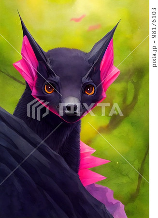 Funny adorable portrait headshot of cute Flying Fox Megabat. Australian land animal standing facing front. Looking to camera. Watercolor imitation illustration. AI generated vertical artistic poster. Funny adorable portrait headshot of cute Flying Fox Megabat. Australian land animal standing facing front. Looking to camera. Watercolor imitation illustration. AI generated vertical artistic poster. 98176103