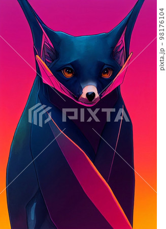 Funny adorable portrait headshot of cute Flying Fox Megabat. Australian land animal standing facing front. Looking to camera. Watercolor imitation illustration. AI generated vertical artistic poster. 98176104