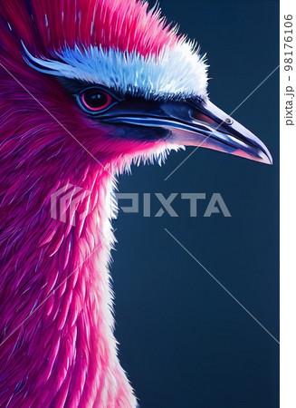 Funny adorable portrait headshot of cute emu bird. Australian flying animal standing facing front. Looking to camera. Watercolor imitation illustration. AI generated vertical artistic poster. 98176106