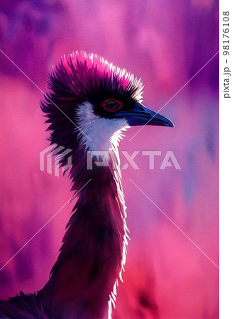 Funny adorable portrait headshot of cute emu bird. Australian flying animal standing facing front. Looking to camera. Watercolor imitation illustration. AI generated vertical artistic poster. Funny adorable portrait headshot of cute emu bird. Australian flying animal standing facing front. Looking to camera. Watercolor imitation illustration. AI generated vertical artistic poster. 98176108