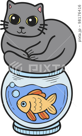 Hand Drawn cat on Fish Bowl illustration in doodle style 98176416