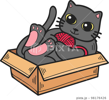 Hand Drawn cat playing with yarn in a box illustration in doodle style 98176426