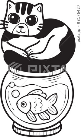 Hand Drawn striped cat on Fish Bowl illustration in doodle style 98176427