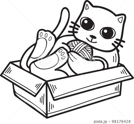 Hand Drawn cat playing with yarn in a box illustration in doodle style 98176428