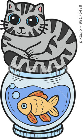 Hand Drawn striped cat on Fish Bowl illustration in doodle style 98176429