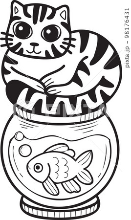 Hand Drawn striped cat on Fish Bowl illustration in doodle style 98176431
