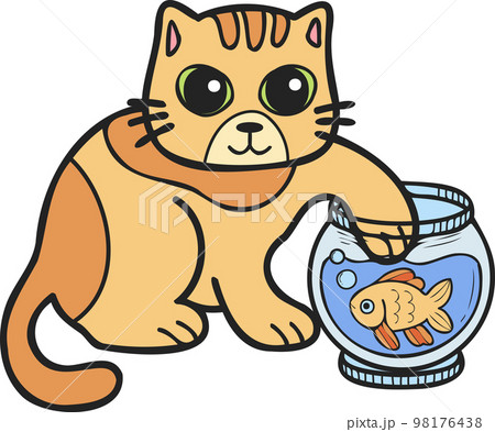Hand Drawn striped cat playing with fish illustration in doodle style 98176438