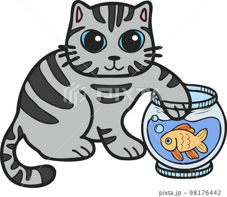 Hand Drawn striped cat playing with fish illustration in doodle style 98176442