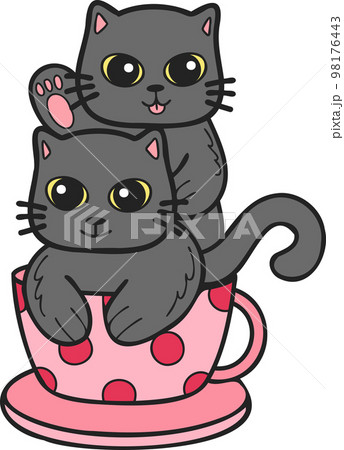 Hand Drawn cat or kitten with coffee mug illustration in doodle style 98176443
