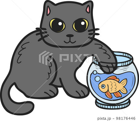 Hand Drawn cat playing with fish illustration in doodle style 98176446
