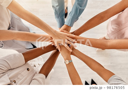 Support, community and teamwork with hands of business people for training, goals and management. Collaboration, mission and vision with employee in circle for diversity, networking and workshop 98176505