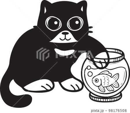 Hand Drawn cat playing with fish illustration in doodle style 98176508