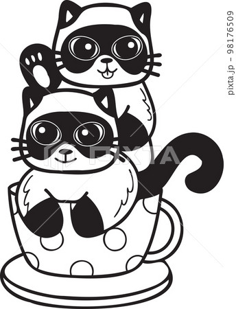 Hand Drawn cat or kitten with coffee mug illustration in doodle style 98176509