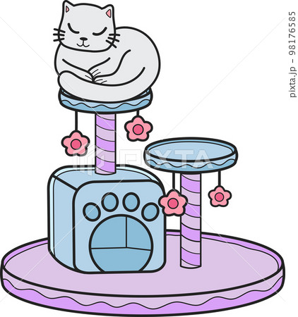 Hand Drawn cat with cat climbing pole illustration in doodle style Hand Drawn cat with cat climbing pole illustration in doodle style 98176585