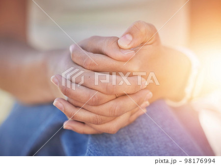Woman, hands clasped and nervous depression, anxiety or mental health in psychology crisis, problem or bipolar risk. Zoom, prayer fingers or person with stress, burnout counseling help or mind trauma 98176994
