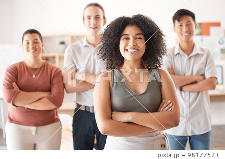 Diversity, team and pride with collaboration teamwork and support in startup marketing office together. Leader, manager and mentor with company employee, smile and happy to work together for a goal 98177523