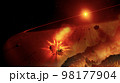 Alien planet landscape with falling meteorites. Space in red colors. Elements of this image furnished by NASA. 98177904