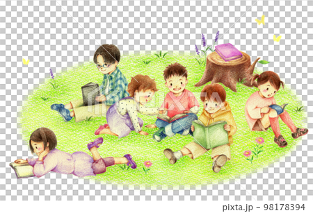 野原で読書する子供たち 手描き色鉛筆画のイラスト素材