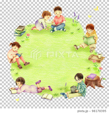 Background of children reading in the field Hand-drawn colored pencil drawing 98178395