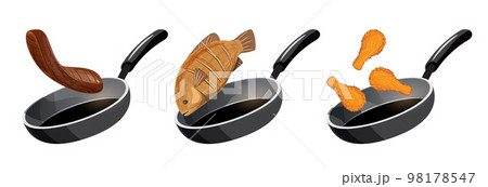 set of fried chicken , meat and fish in frying pan vector illustration 98178547