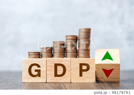 GDP block with Coins stack and UP and Down arrow symbol icon. Gross domestic product, Financial, Management, Economic, Inflation, recession and Money concepts GDP block with Coins stack and UP and Down arrow symbol icon. Gross domestic product, Financial, Management, Economic, Inflation, recession and Money concepts 98178761