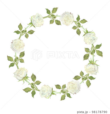 Round wreath of white roses and buds with leaves. Place for inscription or text. Watercolor illustration. Isolated on a white background. For design of dishes, greeting card, wedding invitation 98178790