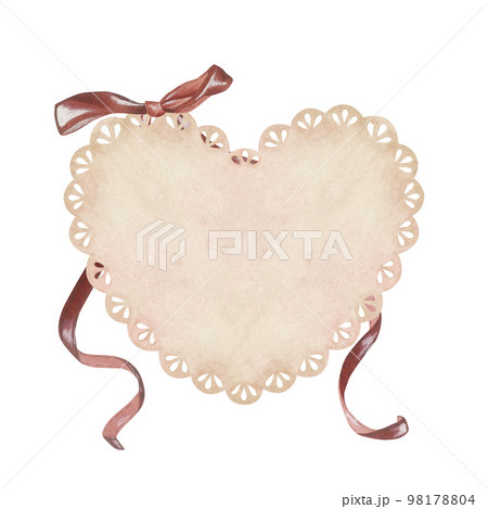 Beige lace doily in the shape of a heart with red bow. Place for inscription or text. Watercolor illustration. Isolated on a white background. For design of greeting cards, wedding invitation 98178804